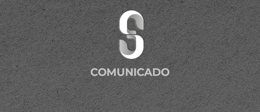 Sobre um fundo cinza escuro há um S estililizado da marca do SINJUS-MG, na cor branca, abaixo dele está escrito "Comunicado".
