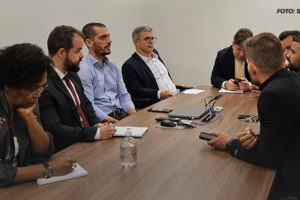 As imagens mostram uma reunião com um grupo de oito pessoas sentadas ao redor de uma mesa de madeira em uma sala de conferências. Elas estão discutindo e tomando notas, todos com uma aparência formal, usando trajes sociais. O ambiente é simples, com uma mesa retangular, cadeiras e paredes claras. Em uma das imagens, há um texto sobreposto que diz: "Após atuação intensa dos Sindicatos, TJMG anuncia avanços importantes para a categoria".