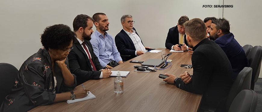 As imagens mostram uma reunião com um grupo de oito pessoas sentadas ao redor de uma mesa de madeira em uma sala de conferências. Elas estão discutindo e tomando notas, todos com uma aparência formal, usando trajes sociais. O ambiente é simples, com uma mesa retangular, cadeiras e paredes claras. Em uma das imagens, há um texto sobreposto que diz: "Após atuação intensa dos Sindicatos, TJMG anuncia avanços importantes para a categoria".