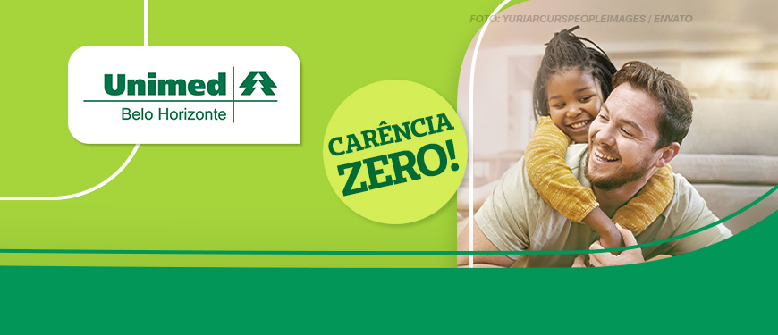 A imagem é um material promocional da Unimed Belo Horizonte, divulgando planos de saúde com a vantagem de "carência zero" para contratação até 17 de fevereiro de 2025. O design tem um fundo predominantemente verde e branco, com elementos gráficos modernos e curvos. Em destaque, há uma foto de um homem sorridente com sua filha pequena, que está abraçando-o por trás. O texto enfatiza a oferta especial e inclui informações de contato, como telefone e e-mail.