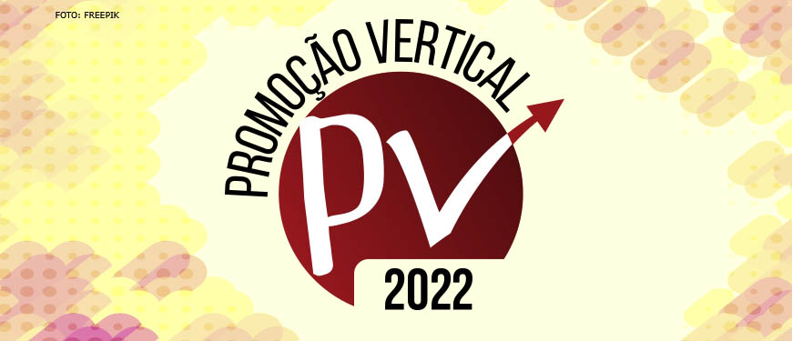 Imagem acessível: Imagem com fundo texturizado colorido, nas cores amarelo e rosa, a frente se vê a logo da PV ( promoção vertical) 2022.