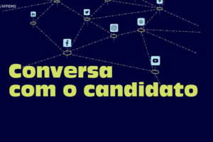 Representação de redes sociais e aplicativos interconectados, abaixo desta imagem há o texto "Conversa com o candidato".