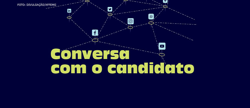 Representação de redes sociais e aplicativos interconectados, abaixo desta imagem há o texto "Conversa com o candidato".