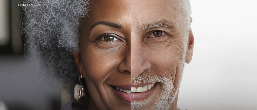 Imagem acessível: Montagem fotográfica com dois rostos lado a lado de pessoas idosas, ambos estão sorrindo (uma idosa de pele escura e cabelos grisalhos e um idoso de pele clara com cabelos brancos).