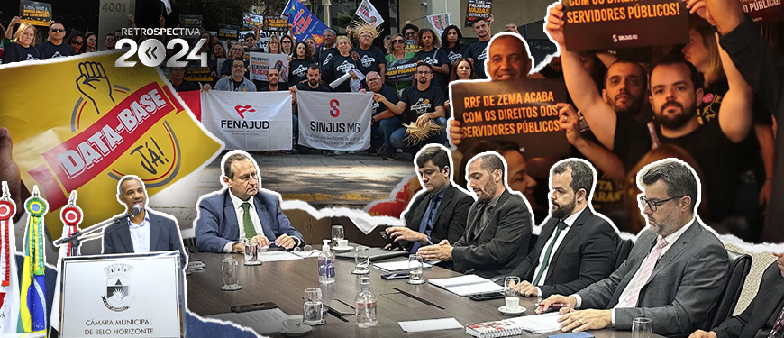 A imagem apresenta uma montagem de momentos importantes relacionados às lutas sindicais promovidas pelo SINJUS-MG em 2024. Nela, há pessoas segurando cartazes com mensagens de protesto. Também aparecem faixas de organizações como FENAJUD e SINJUS-MG, além de uma foto de uma reunião formal com representantes debatendo em uma mesa. Em destaque, a frase: "SINJUS supera desafios e garante conquistas importantes para os servidores em 2024". A composição reflete o protagonismo do sindicato na defesa de direitos dos servidores públicos.