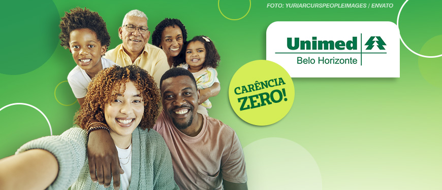 Imagem Acessível: As imagens são uma propaganda promocional dos planos de saúde da Unimed Belo Horizonte, divulgando condições especiais para contratação até 17/01/2025 com carência zero. No destaque, há uma família feliz, composta por pessoas de diferentes idades e gêneros, sorrindo e tirando uma foto juntas em um ambiente com tons de verde. O texto principal incentiva a contratação do plano "Unipart Regional", e o contato para mais informações aparece no rodapé, incluindo um telefone e um e-mail. A peça transmite uma mensagem acolhedora e acessível, reforçada pelo tom leve e alegre da imagem.