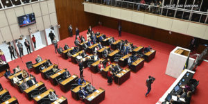 A imagem mostra uma sessão parlamentar em um auditório amplo, com um carpete vermelho e várias mesas e cadeiras organizadas em fileiras. Diversos políticos e servidores estão presentes. Há um telão na parede ao fundo exibindo imagens ao vivo do evento. O destaque é a informação textual: "Luta dos Sindicatos garante aprovação do Orçamento 2025 com redução de danos aos servidores". A atmosfera é formal e demonstra um momento importante de deliberação legislativa.