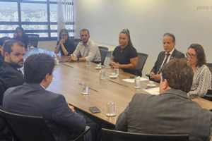 As imagens mostram uma reunião formal com os integrantes do SINJUS, do SERJUSMIG, do TJMMG e da AGE em uma sala de conferências iluminada, com uma grande mesa retangular. Os participantes estão sentados e escutam atentamente. Há copos de água, celulares e documentos sobre a mesa. No fundo, grandes janelas revelam uma vista urbana.