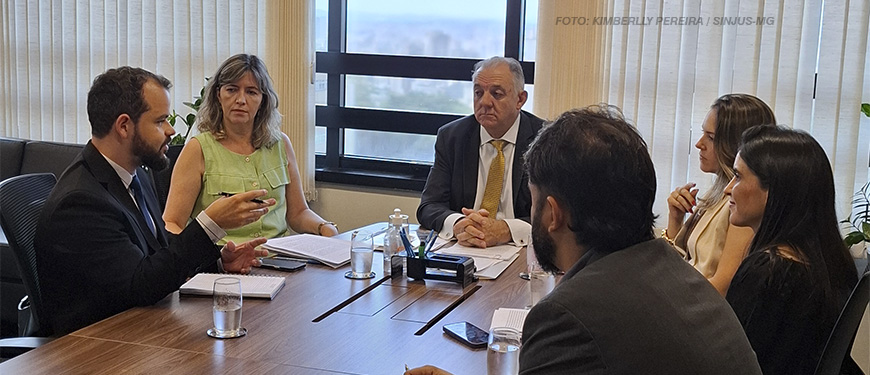 A imagem mostra a reunião com 1° vice do TJ em uma sala de conferências. Seis pessoas estão sentadas ao redor de uma mesa retangular, conversando e discutindo questões aparentes. Há copos d'água, papéis e canetas sobre a mesa, além de um ambiente bem iluminado por janelas ao fundo, que exibem parte de uma paisagem urbana. A legenda da imagem menciona que o SINJUS está discutindo a terceirização relacionada aos taquígrafos em reunião com o primeiro vice-presidente do Tribunal de Justiça.