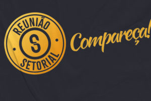 A ilustração tem um fundo preto com o logotipo em amarelo da Reunião Setorial do SINJUS. Ao lado, há a palavra "Compareça!"