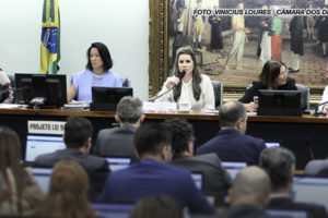 As imagens retratam uma sessão na Câmara dos Deputados do Brasil. Há várias pessoas sentadas em torno de uma mesa, algumas trabalhando em computadores portáteis, com papéis à frente. Ao centro da mesa, uma deputada fala ao microfone, acompanhada por outras pessoas também em posições de destaque. Ao fundo, um grande quadro retrata uma cena histórica.