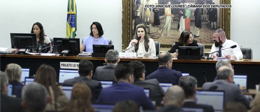 As imagens retratam uma sessão na Câmara dos Deputados do Brasil. Há várias pessoas sentadas em torno de uma mesa, algumas trabalhando em computadores portáteis, com papéis à frente. Ao centro da mesa, uma deputada fala ao microfone, acompanhada por outras pessoas também em posições de destaque. Ao fundo, um grande quadro retrata uma cena histórica.