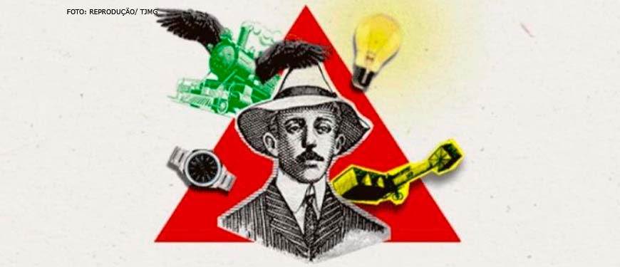 #ImagemAcessível: Colagem com um triângulo vermelho ao fundo, desenho de Santos Dumont ao centro com uma lâmpada em cima da cabeça e do outro lado uma imagem de um trem com asas. Ao seu lado objetos representando duas de suas invenções: 14 Bis e relógio de pulso.